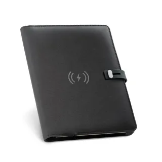 Emerge A5 Folder. A5-kansio 300d Kierrätetystä Polyesteristä (100% Rpet)-materiaalista Langattomalla Laturilla Musta