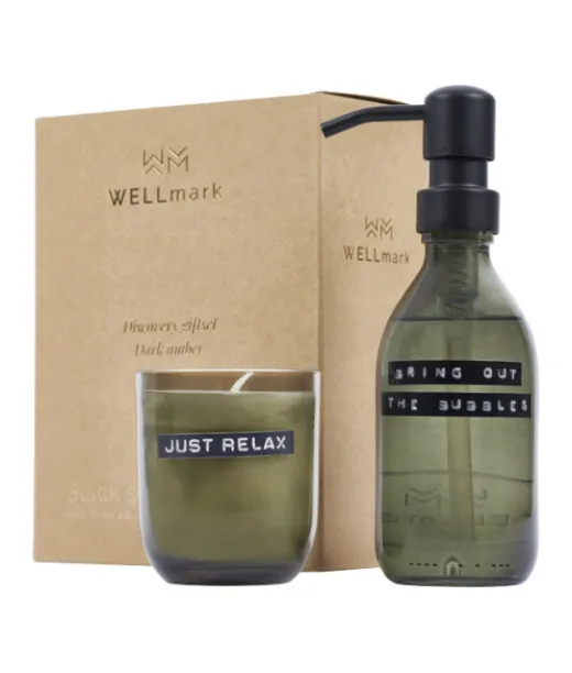 Wellmark Discovery 200 Ml:n Käsisaippua-annostelija Ja 150 G Tuoksukynttiläsetti – Tumman Meripihkan Tuoksu
