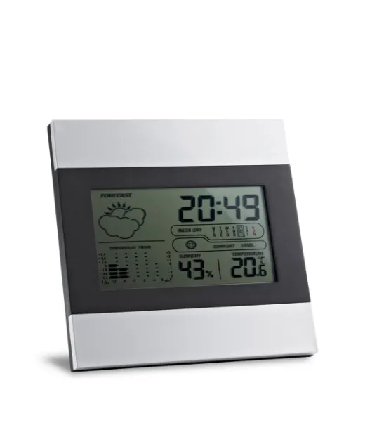 Dene. Pöydän Sääasema, Jossa On Alumiininen Ja Abs Lcd-näyttö Satiinihopea