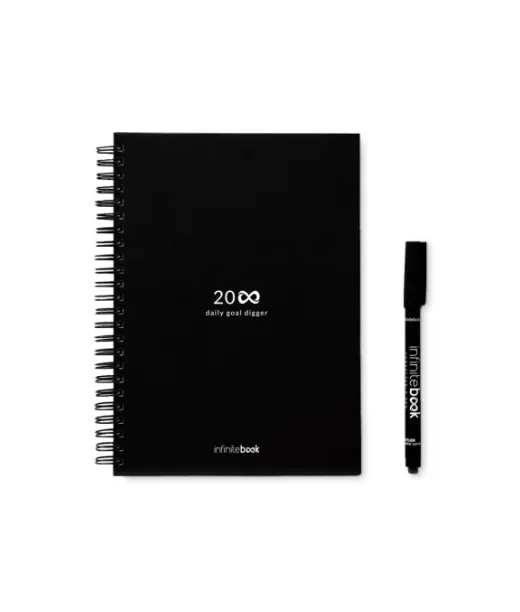 Starter Kit Infinite Planner A5. Setti Sisältää A5-kokoisen äärettömän Päiväkirjan, Puhdistussarjan, Tussin Ja Tussinpidikkeen Musta