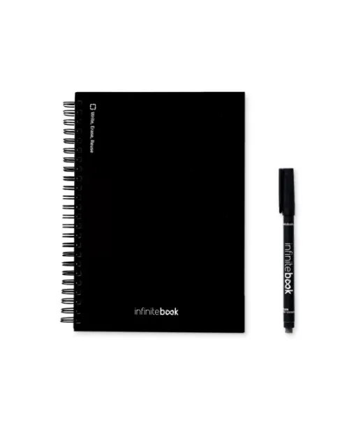 Starter Kit Infinitebook A5. Setti Sisältää A5-kokoisen "infinitebookin", Puhdistussarjan, Tussin Ja Tussinpidikkeen Musta