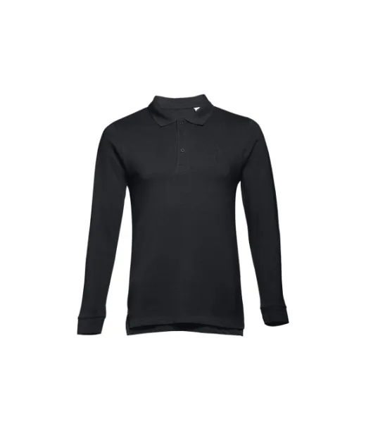 Thc Bern. Miesten Pitkähihainen 100 % Puuvillapiqué-poolopaita Irrotettavalla Merkkillä Musta
