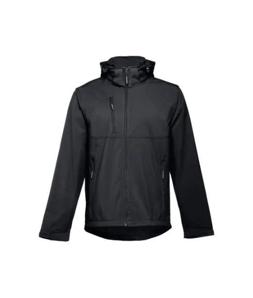 Thc Zagreb. Miesten Softshell-takki Irrotettavalla Hupulla Ja Pyöristetyllä Helmalla Musta