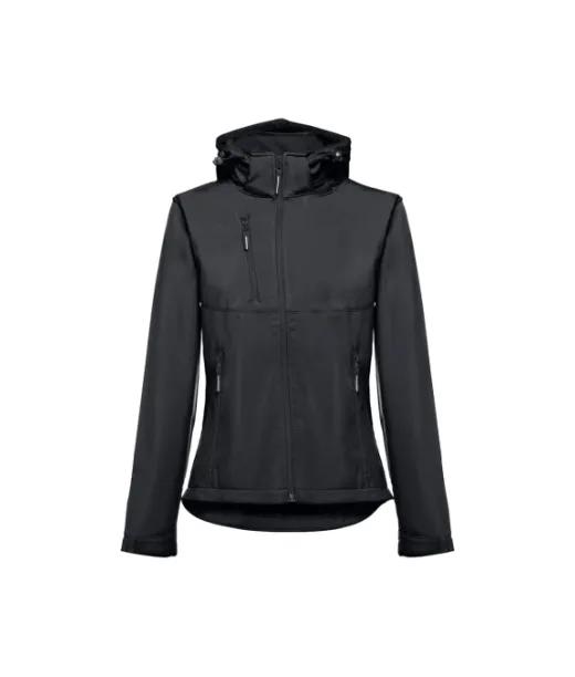 Thc Zagreb Women. Naisten Softshell-takki Irrotettavalla Hupulla Ja Pyöristetyllä Helmalla Musta